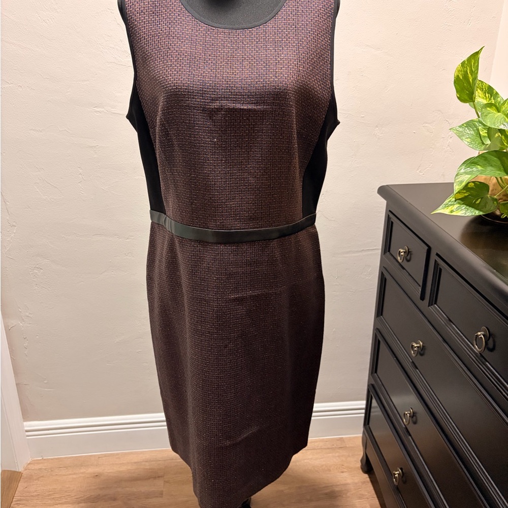 DKNY Burgundy Sheath Dress with Black leather Panels, light gold threads.